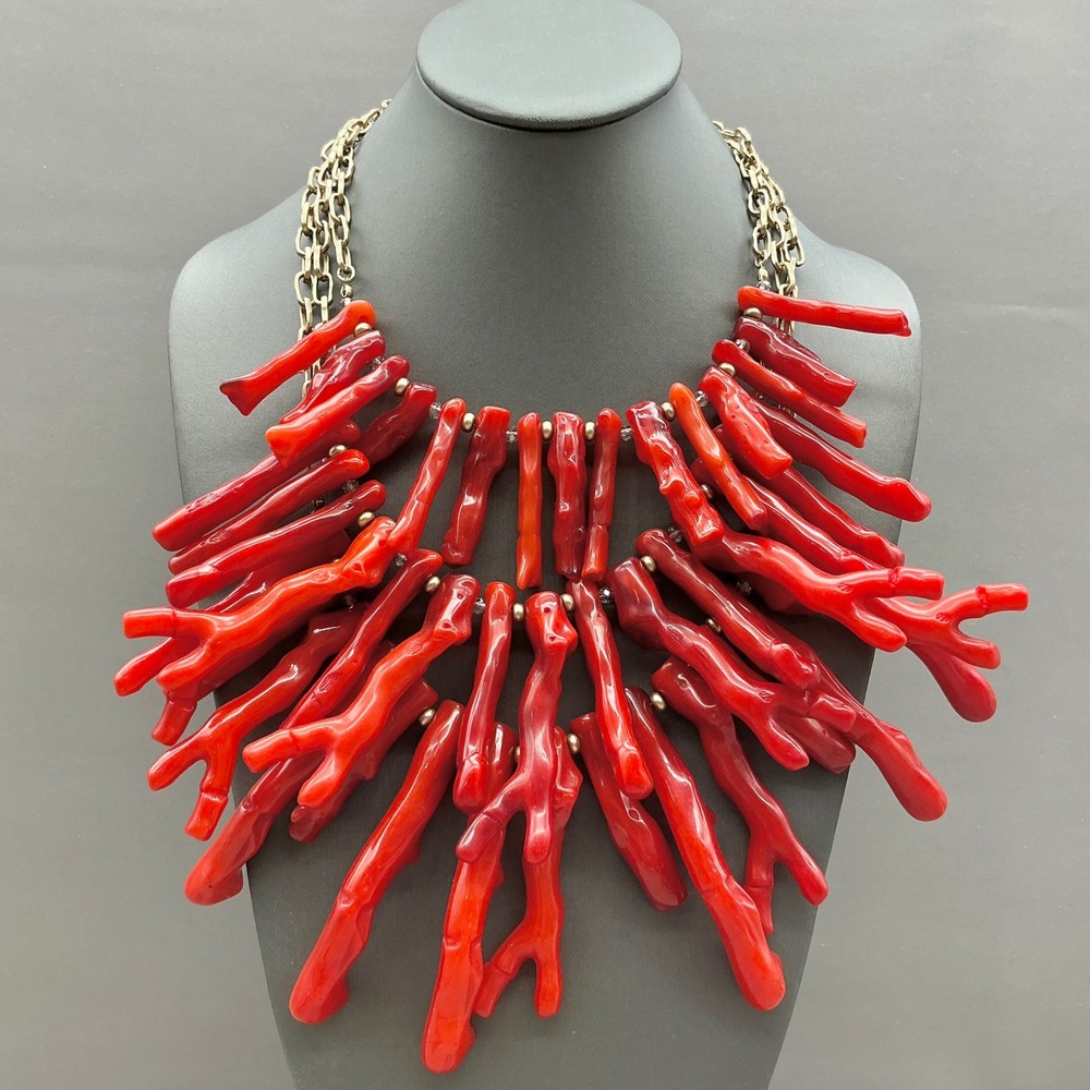Chico's Necklace Red Faux Coral Style Branch Multi Strand Gold Tone Statement